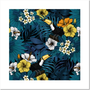 Toucans amd tropical flora, blue , yellow , orange and white Posters and Art